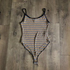 Forever 21 Yellow Blue Striped Body Suit Size: L